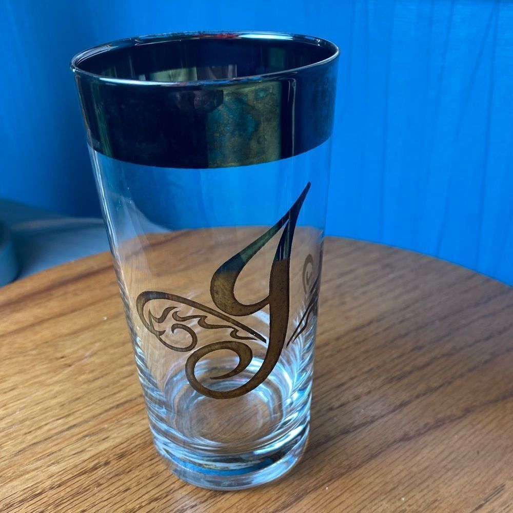 Mid Century Dorothy Thorpe Monogrammed glasses Silver rimed letter J one glass